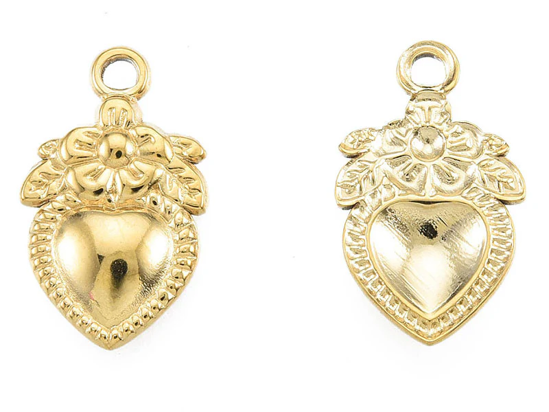 Pendentif cœur et fleur doré à l'or fin 18K Ex voto - 21 x 13 mm - Image 4