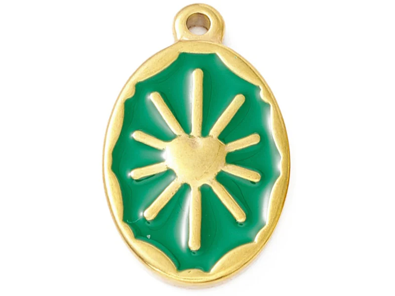 Pendentif émaillé vert - Soleil ovale - 23 x 14 mm - doré et acier inox