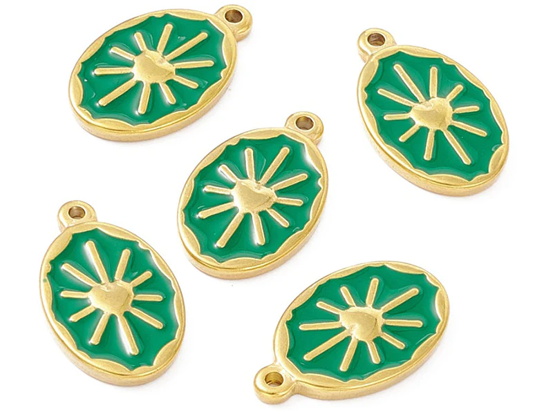 Pendentif émaillé vert - Soleil ovale - 23 x 14 mm - doré et acier inox - Image 2
