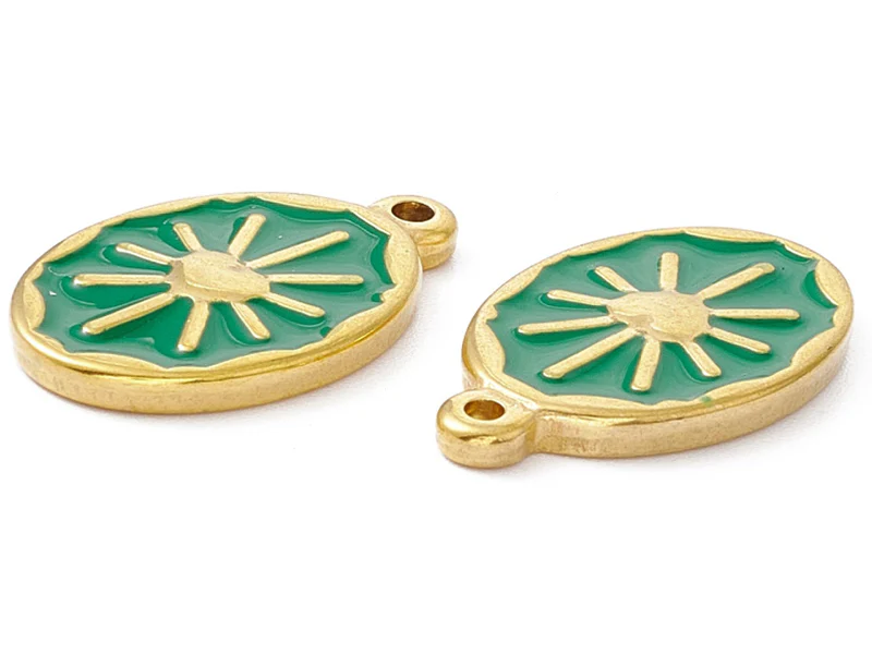 Pendentif émaillé vert - Soleil ovale - 23 x 14 mm - doré et acier inox - Image 5