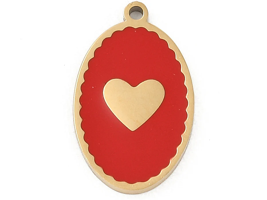 Pendentif ovale cœur émaillé rouge plaqué or 18K