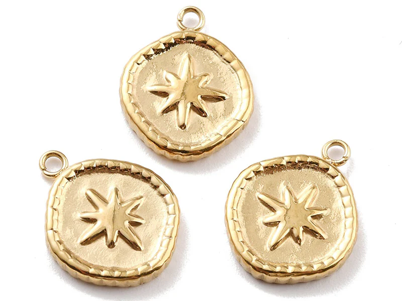 Pendentif rond avec étoile du nord - 17 x 13 mm - doré à l'or fin 24K - Image 2