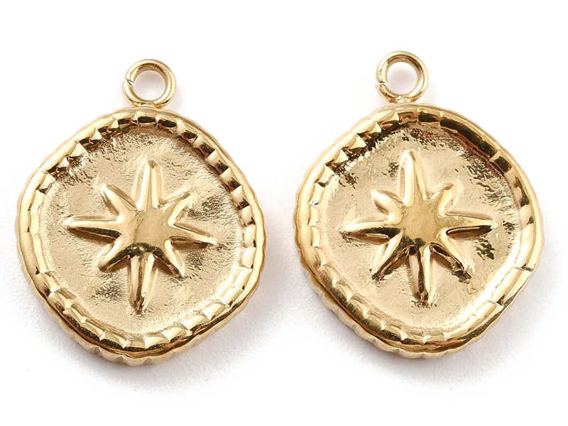 Pendentif rond avec étoile du nord - 17 x 13 mm - doré à l'or fin 24K - Image 3