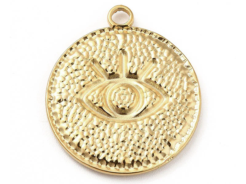 Pendentif rond avec œil - Doré à l'or fin 18k - 22 x 19 mm