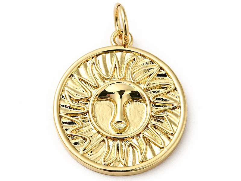 Pendentif rond doré à l'or fin 18K - Soleil ethnique - 18 x 16 mm