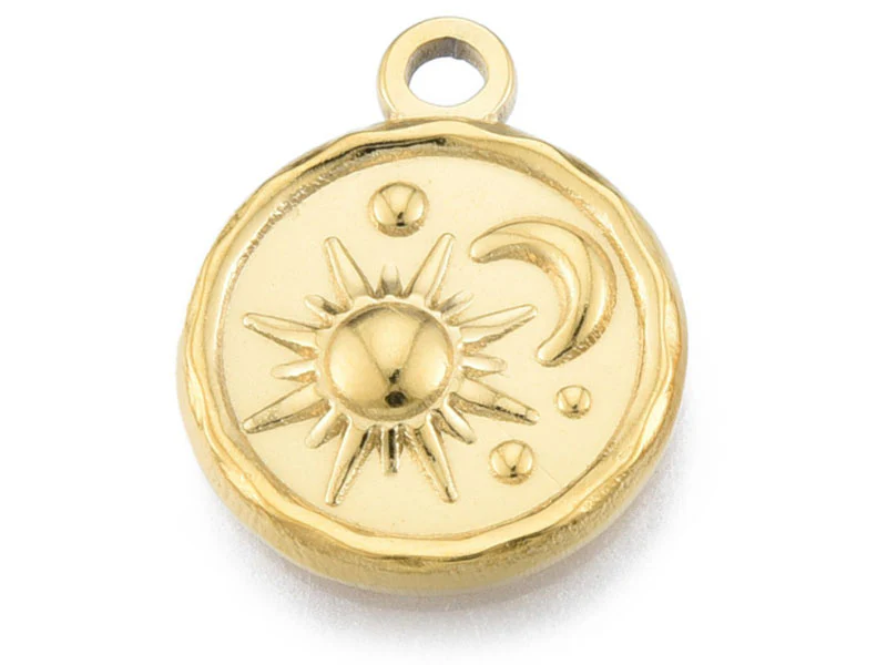 Pendentif rond soleil et lune doré à l'or fin 18K  - 19 x 15 mm