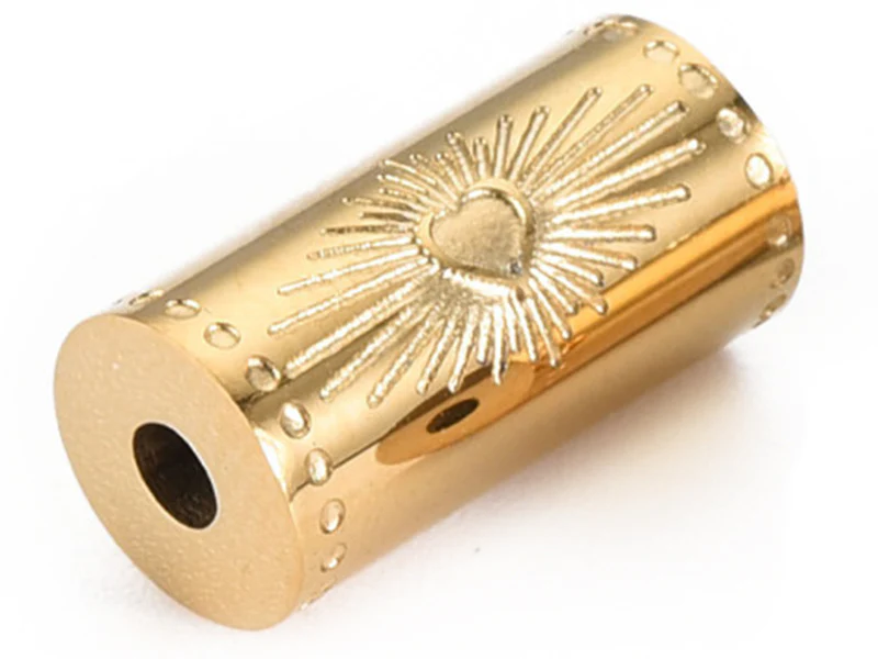 Perle talisman - Colonne avec cœur - Doré à l'or fin 14 K - 12 mm