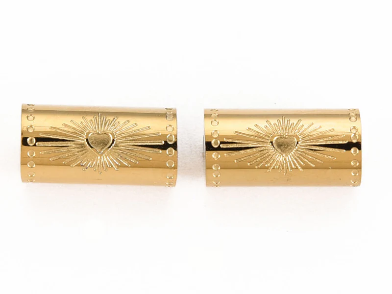 Perle talisman - Colonne avec cœur - Doré à l'or fin 14 K - 12 mm - Image 3