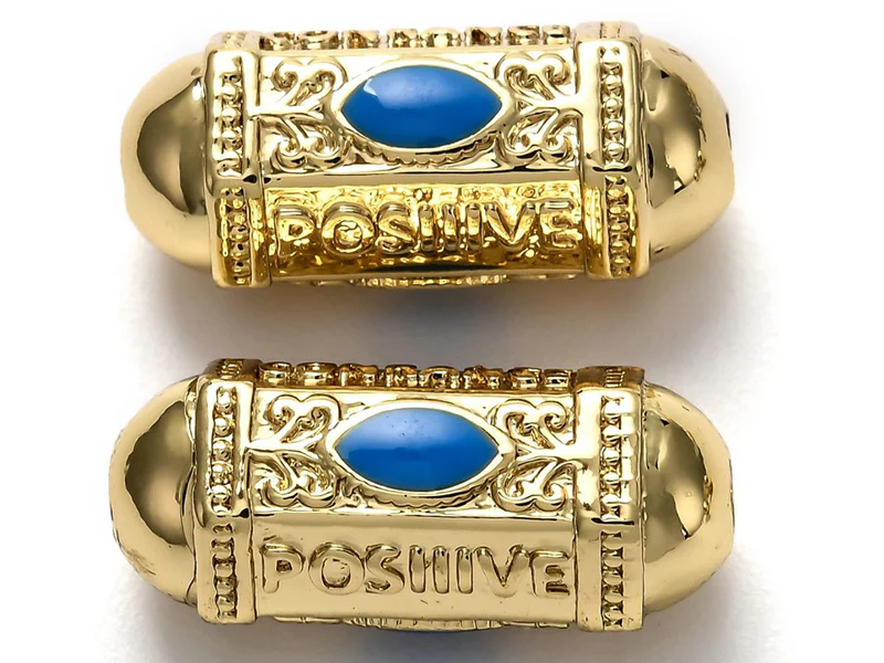 Perle talisman - Doré à l'or fin 18 K - émaillée bleu - 19 mm - Image 3